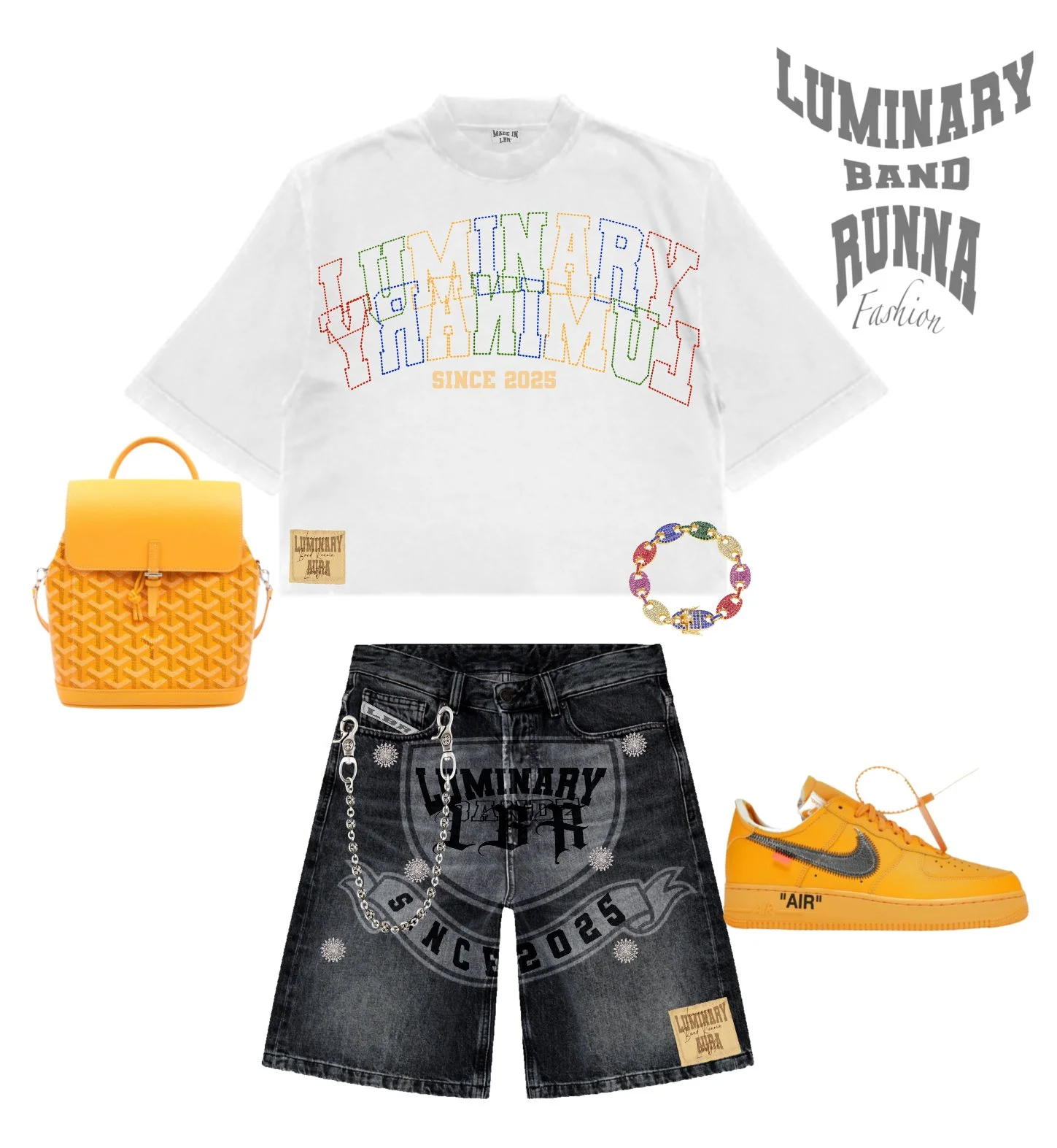 Fashion ensemble featuring a white T-shirt with colorful text reading "LUMINARY BAND SINCE 2025", black denim shorts with printed logo, yellow sneakers with Nike logo and quotation marks, yellow handbag with geometric pattern, colorful bracelet, and 