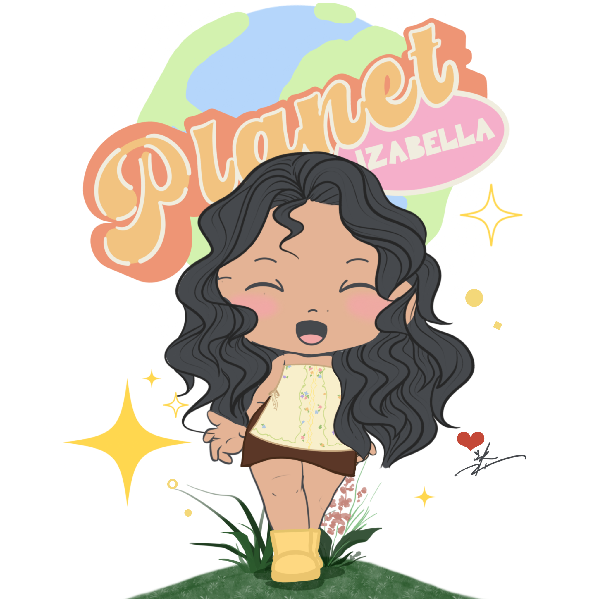 Cartoon illustration of a woman with long wavy black hair, smiling with closed eyes, wearing a light-colored top and brown shorts, standing on green grass with red flowers, yellow boots, and a speech bubble with colorful text that reads 'Plant Isabel'.