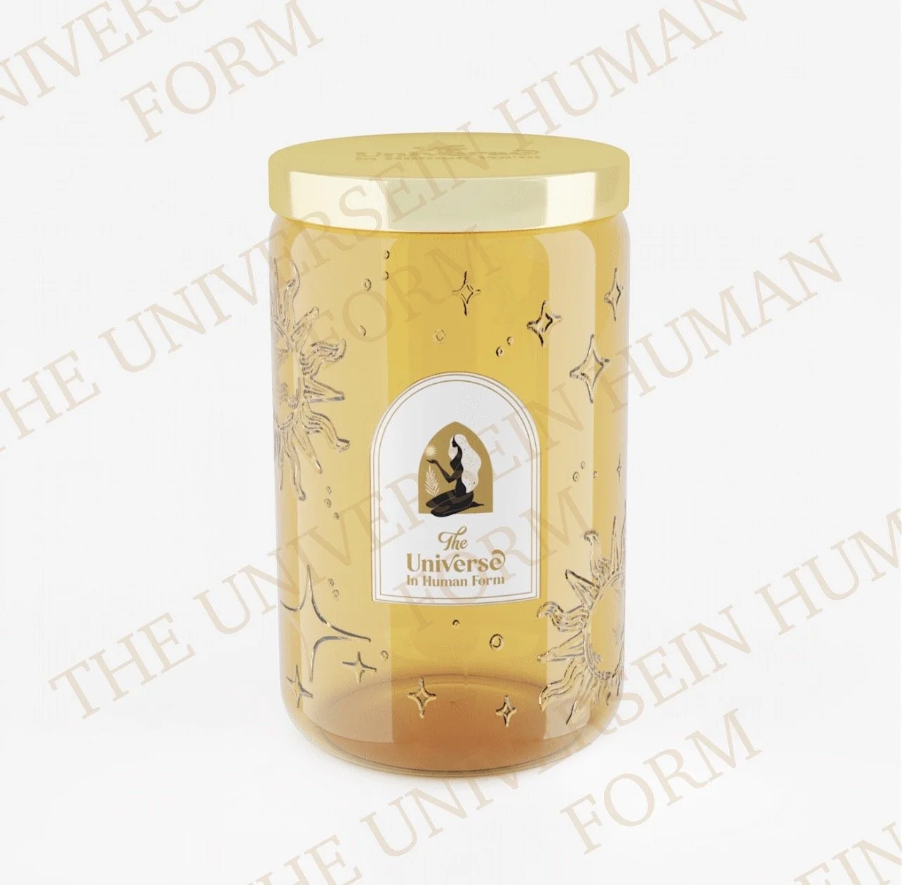 Golden container with celestial and sunburst designs, labeled 'The Universe In Human Form' with a silhouette of a person meditating.