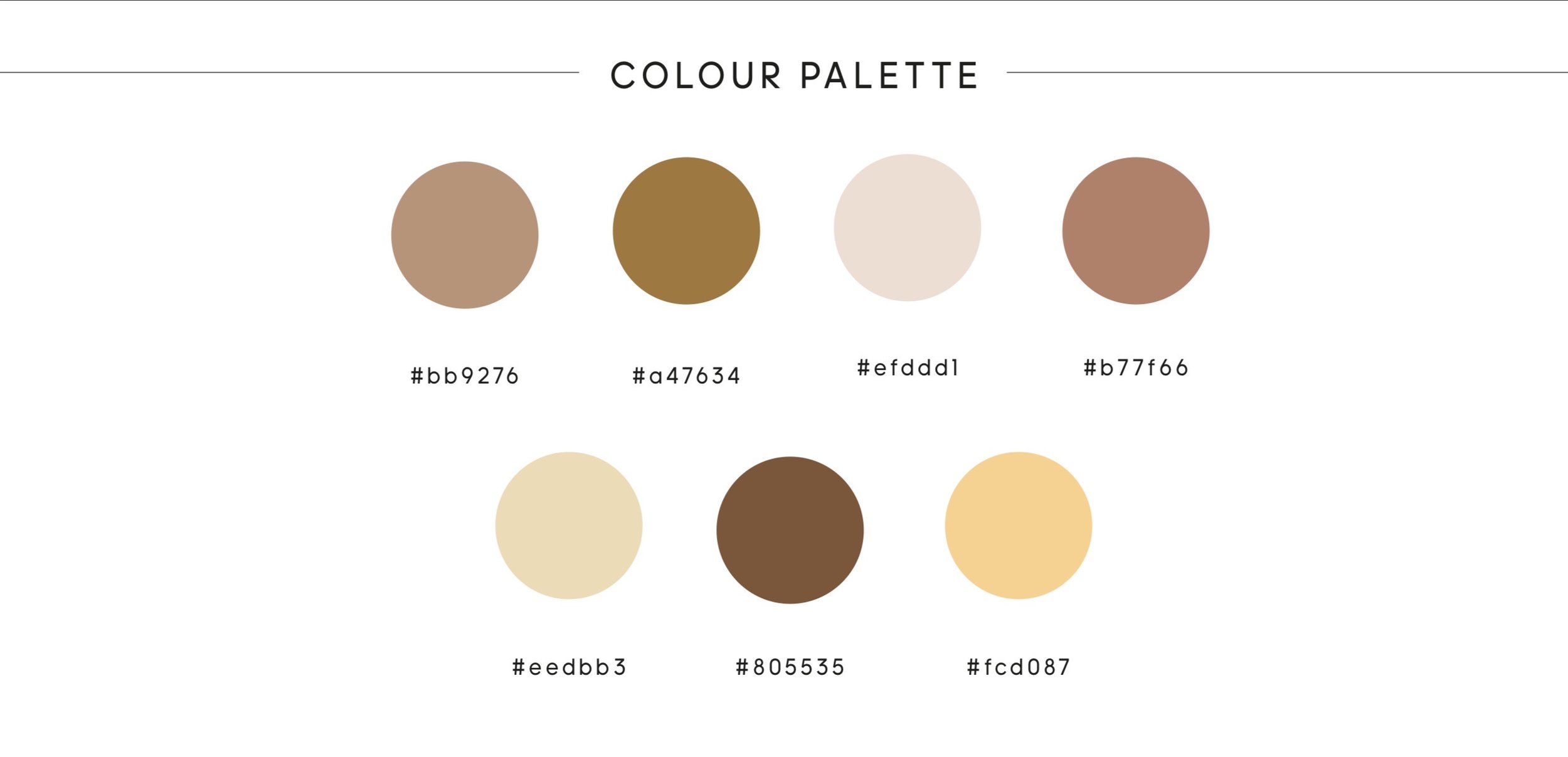 A color palette consisting of eight circular color samples with their HEX codes displayed below each. The top row from left to right includes a light brown (#bb9276), a mustard brown (#a47634), a soft beige (#efddd1), and a warm tan (#b77f66). The bo