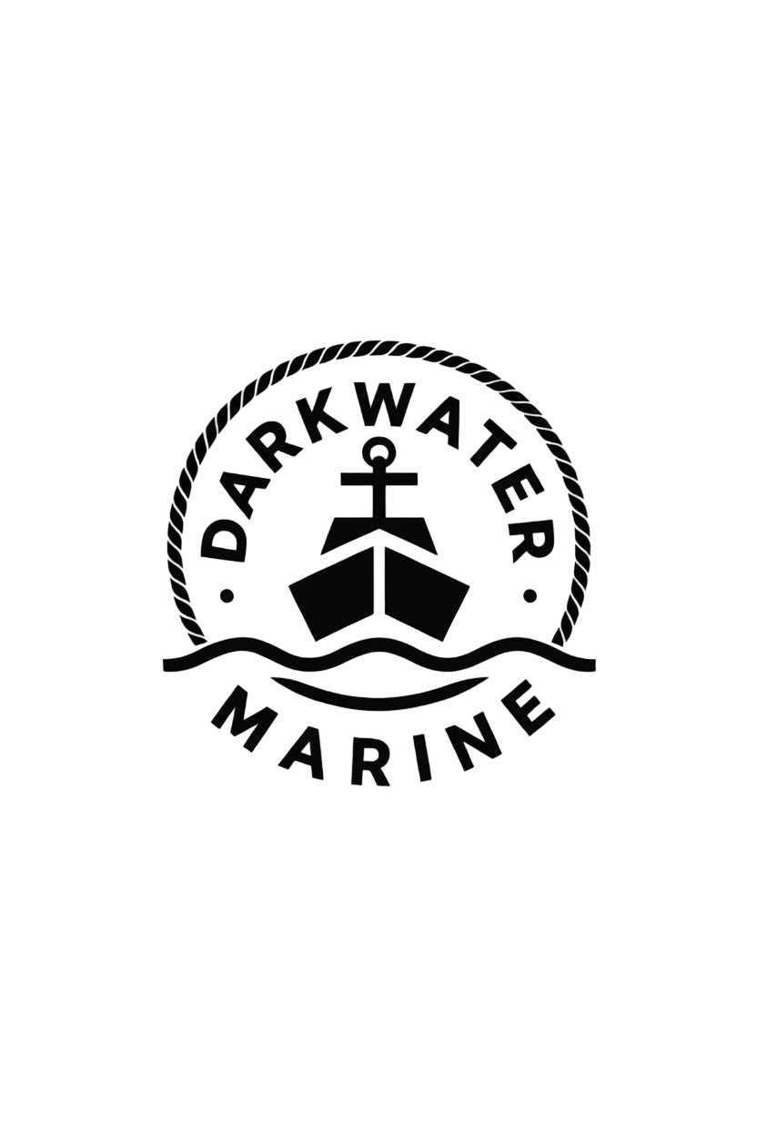 Dark Water Marine logo featuring a ship's bow and anchor design on a black background.