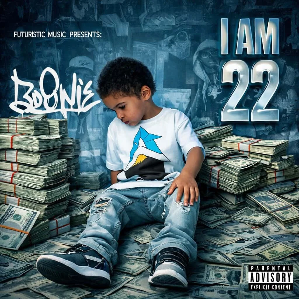 Young boy sitting on the floor surrounded by stacks of money, with a blue graffiti-style background and graffiti text that reads 'I am 22' and 'Boonie,' along with a parental advisory label.