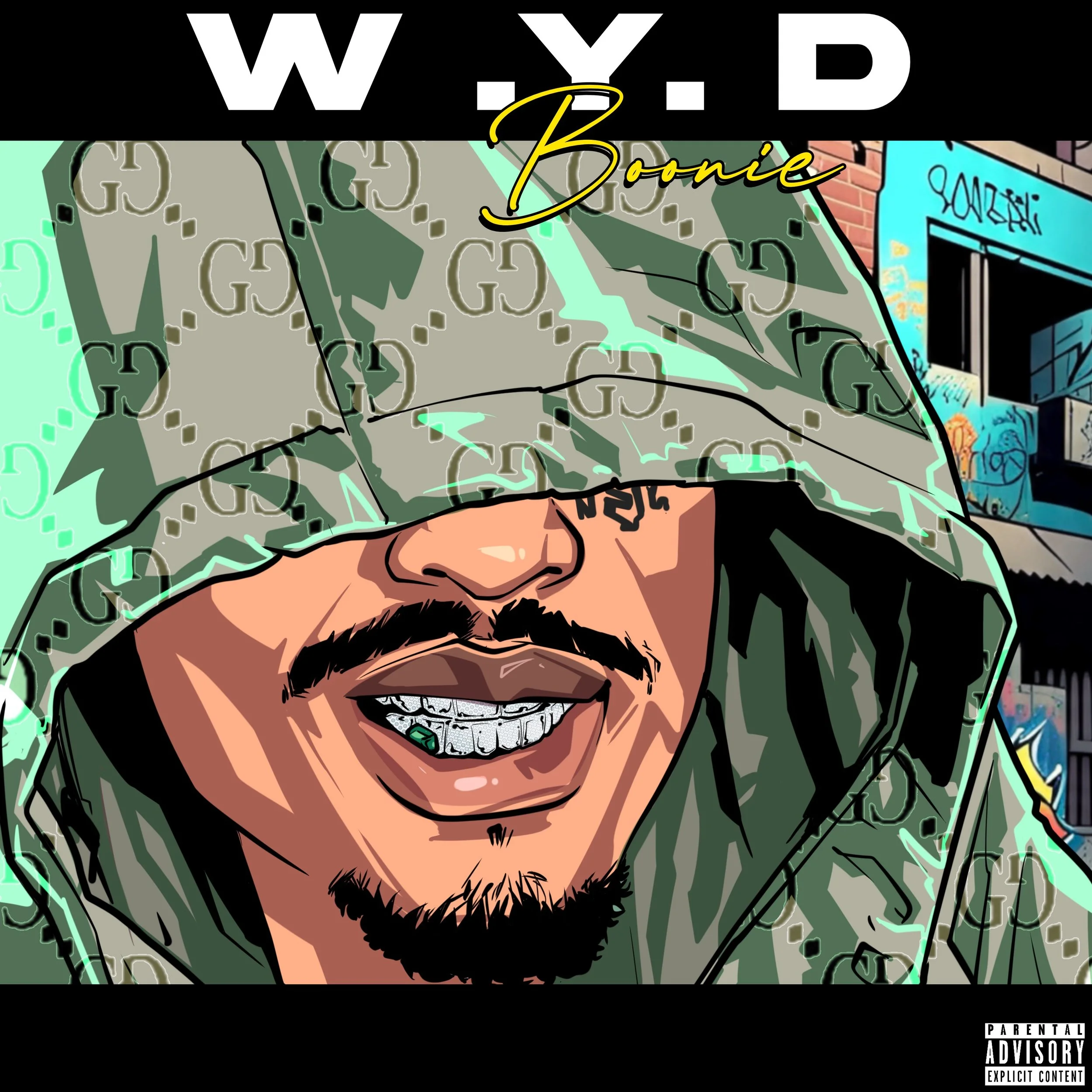 A digital illustration of a man with facial hair and a grill, wearing a camouflage hoodie with the hood over his eyes, in front of a street scene with graffiti-covered buildings.