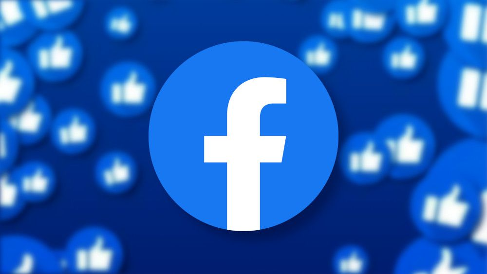 Facebook logo with multiple thumbs-up 'like' icons in the background