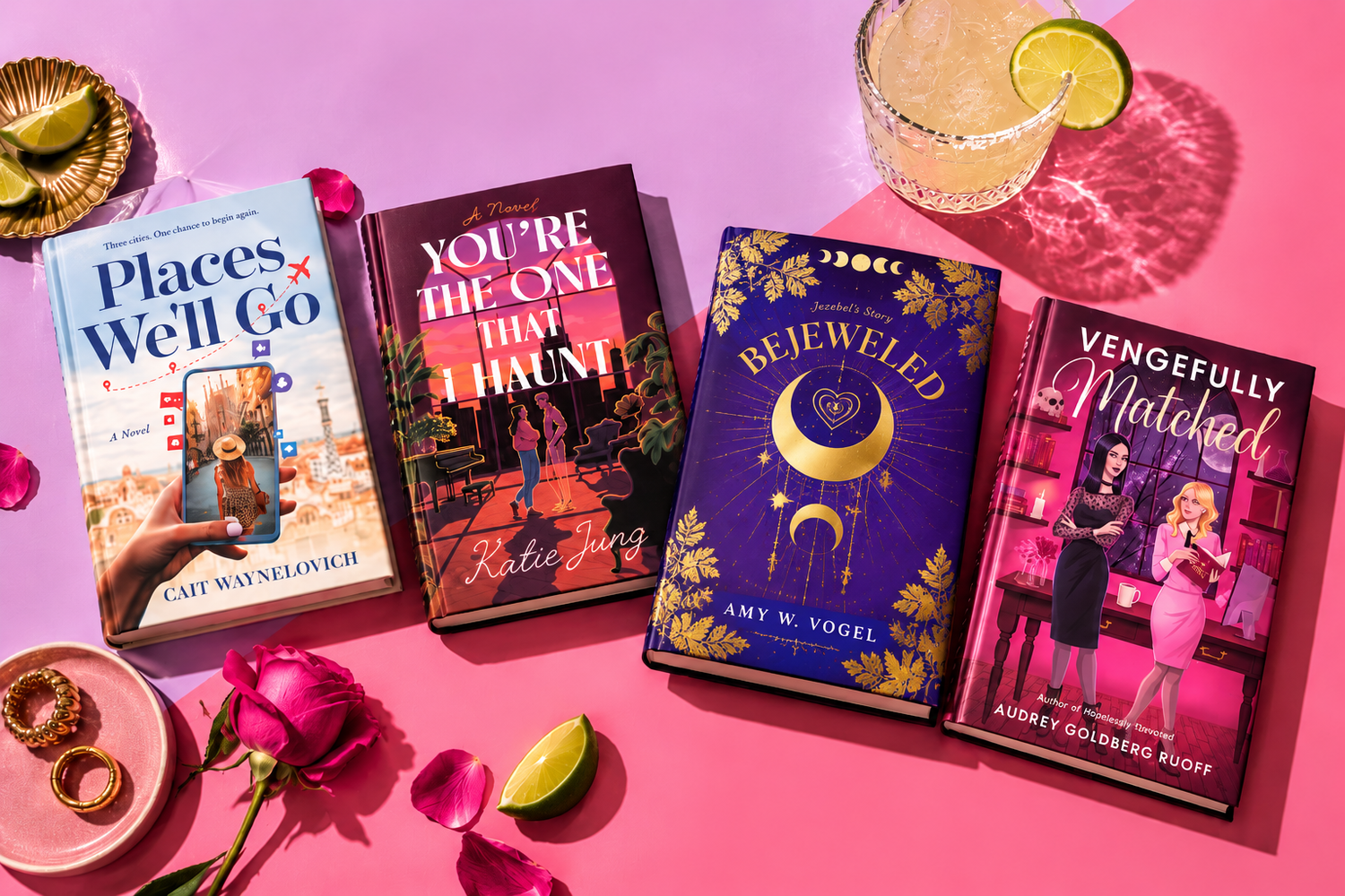The four featured books on a pink and lilac backdrop with a margarita and limes