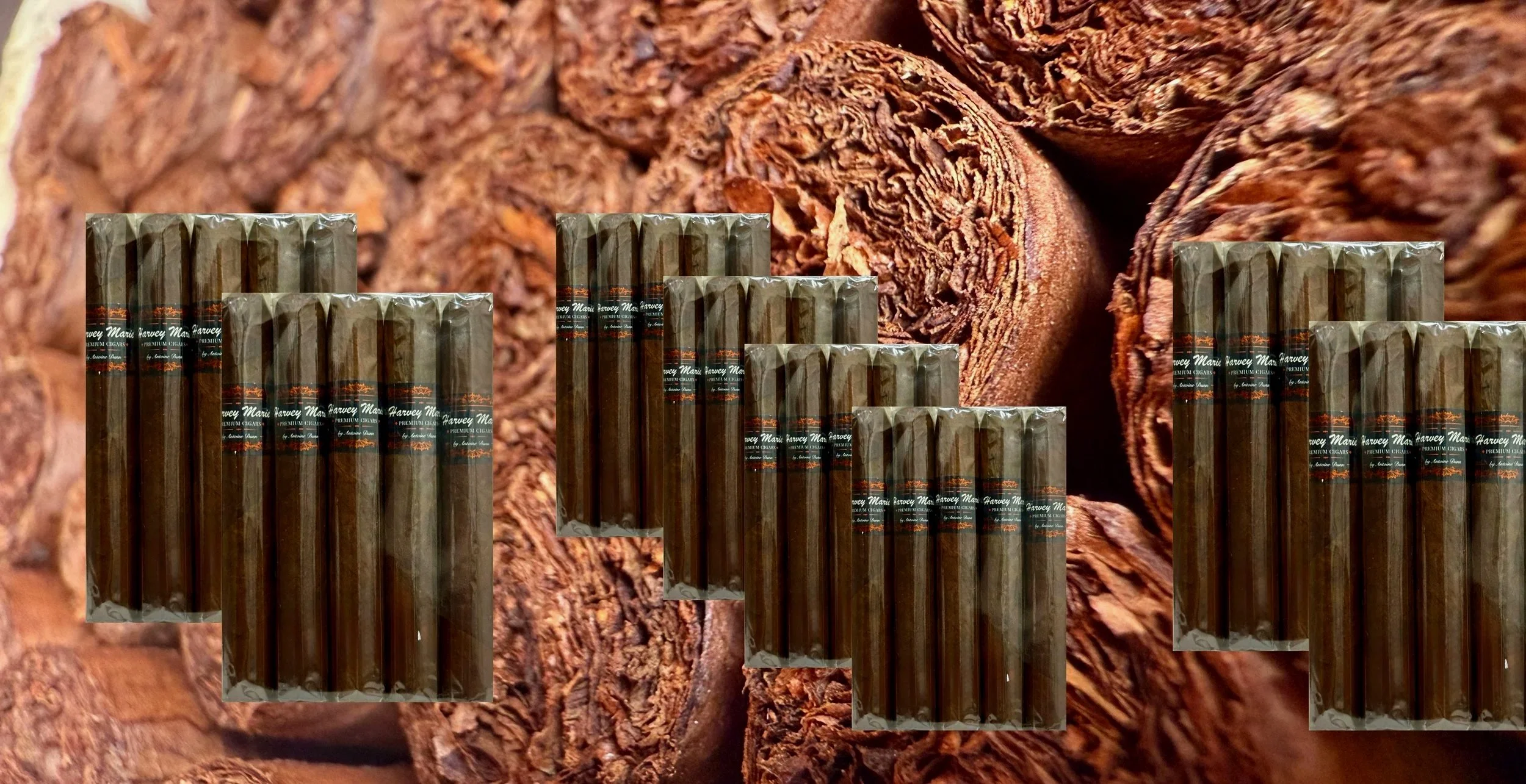 Multiple cigars labeled 'Harvey' arranged in groups against a close-up of a rolled cigar with a textured, brown surface.