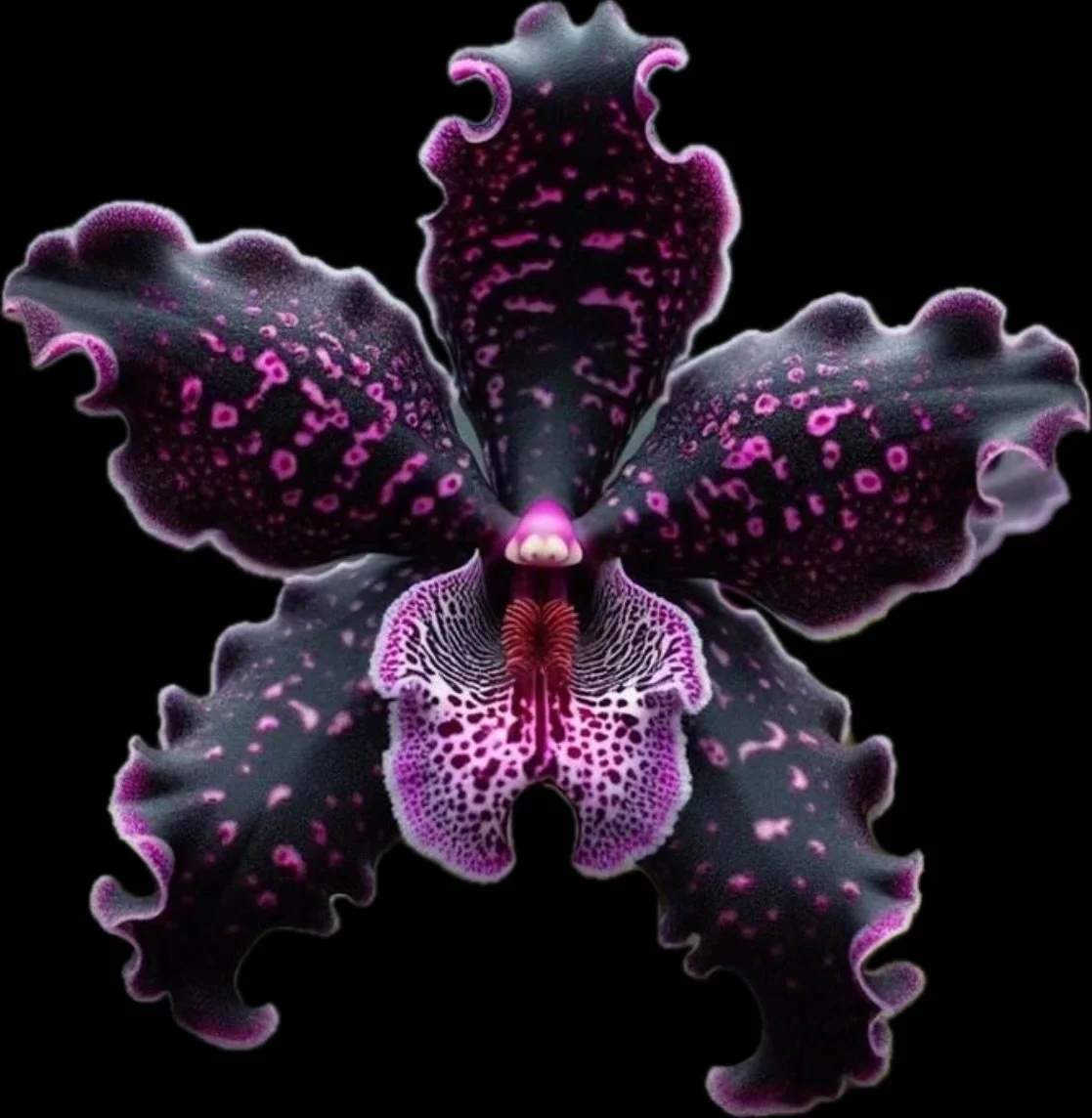 Close-up of a dark-colored orchid with pink spots and ruffled edges, set against a black background.
