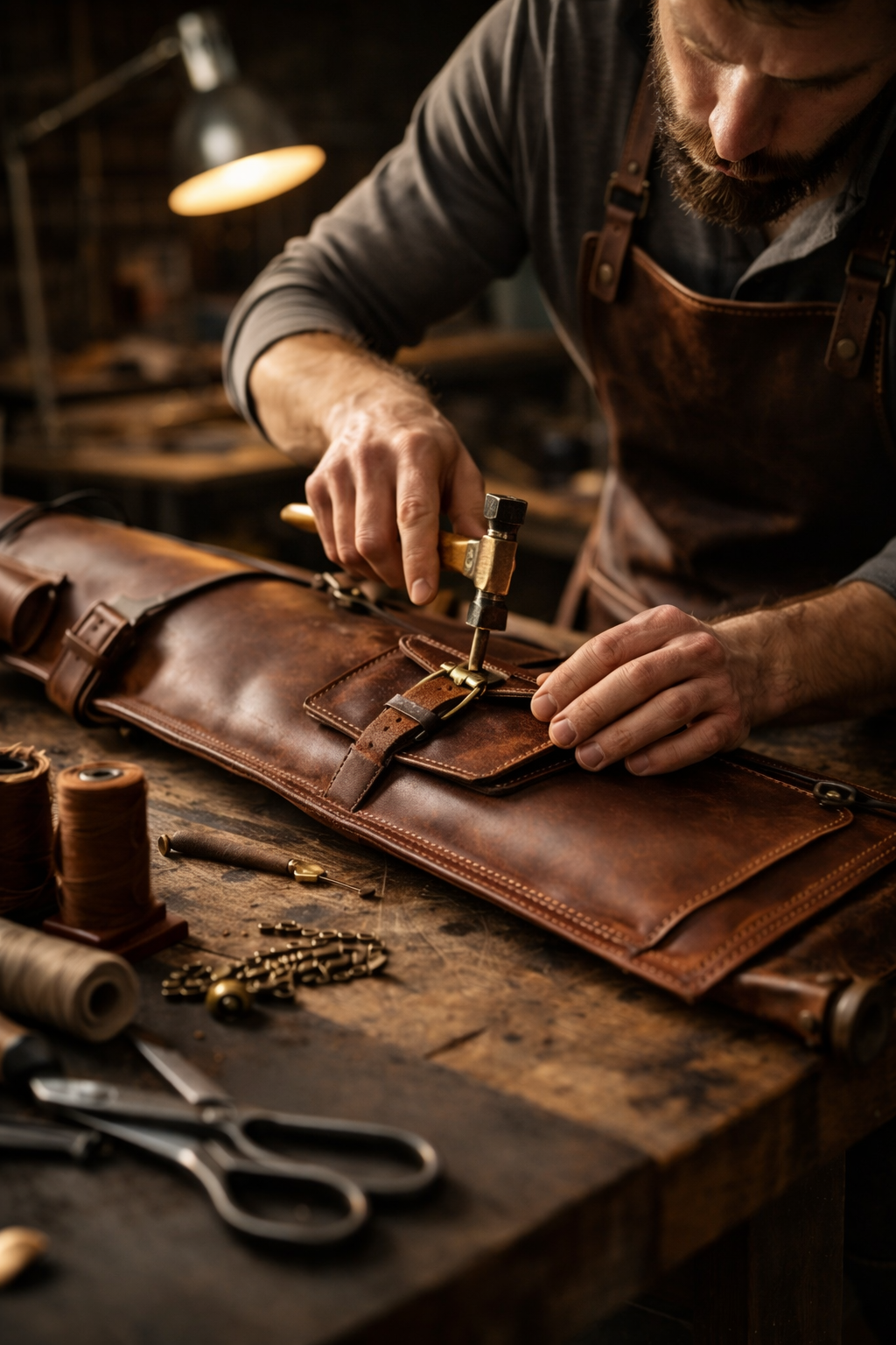 Craftsman handcrafting a premium full-grain leather gun case in the Next Gen Armory workshop