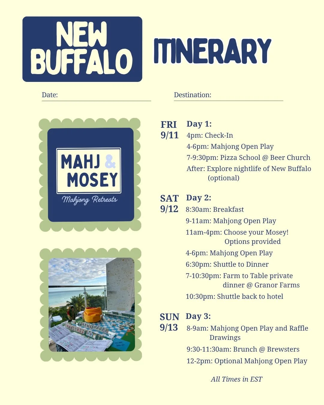 So excited to share our first itinerary for our New Buffalo Mahj &amp; Mosey! 🀄️ 

Pre sale starts later this week, make sure to join the interest list to get first access!