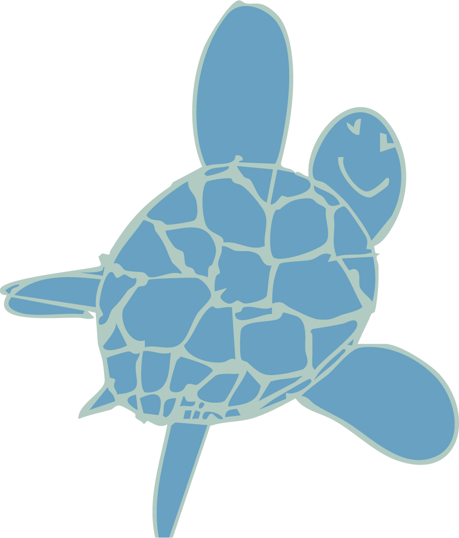 A cartoon illustration of a sea turtle in blue color with a smiling face.