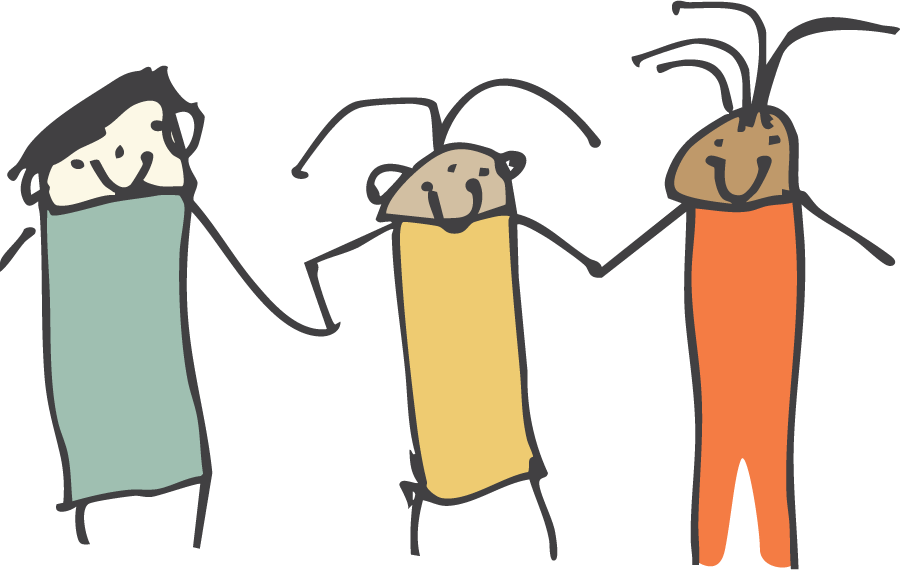 Drawing of three anthropomorphic characters with different shapes and colors, holding hands and smiling.