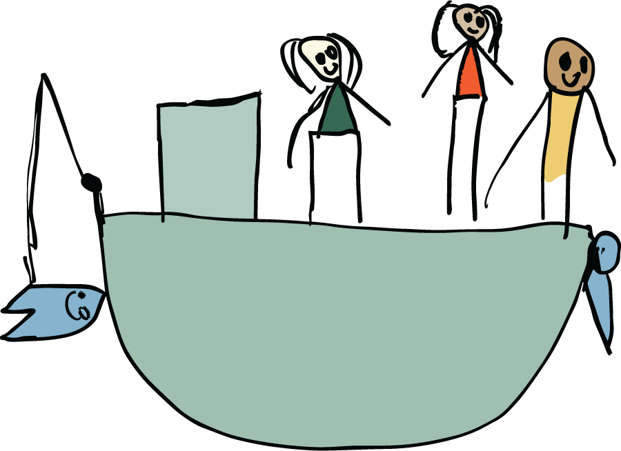 Drawing of a boat on water with four people standing on it, and two fish in the water, all with simple stick-figure style and smiling faces.