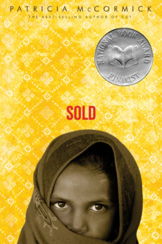 A book cover with a yellow background pattern, featuring black and white photo of a girl with a headscarf, text indicating 'Sold' in red, and a silver emblem that reads 'National Book Award Finalist' by Patricia McCormick.