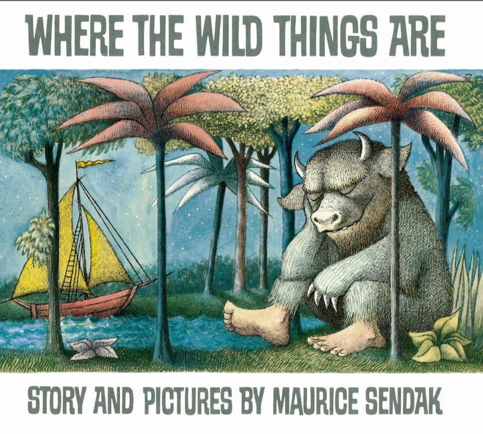 Book cover of 'Where the Wild Things Are' by Maurice Sendak, depicting a large wild creature with horns, sitting among trees with palm-like leaves, and a sailing ship in the water.