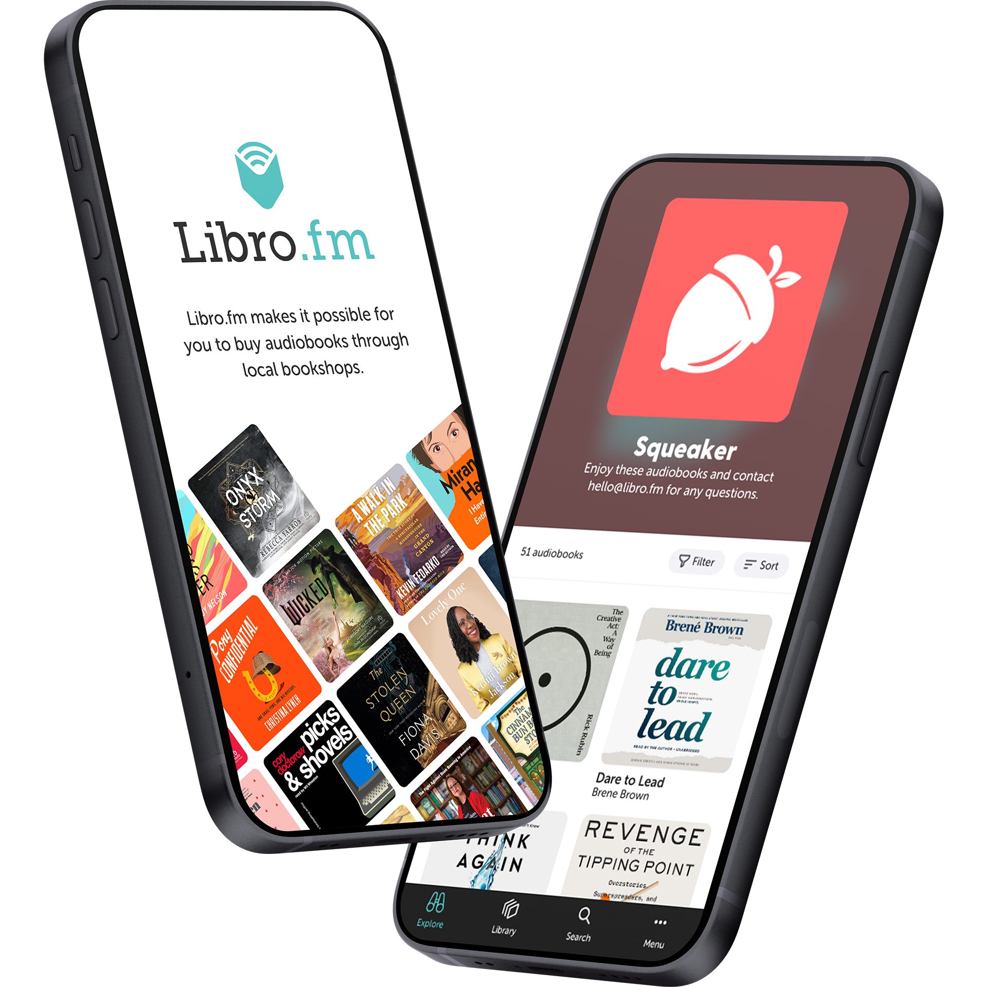 Two smartphones displaying audiobook apps, one with a selection of audiobook covers and the other with an audiobook titled 'Dare to Lead' by Brené Brown.