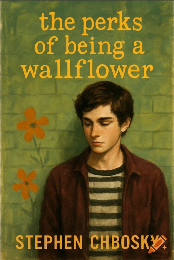 Book cover titled "The Perks of Being a Wallflower" by Stephen Chbosky, featuring a young man with dark hair, wearing a red jacket and striped shirt, standing in front of a green background with orange flowers.