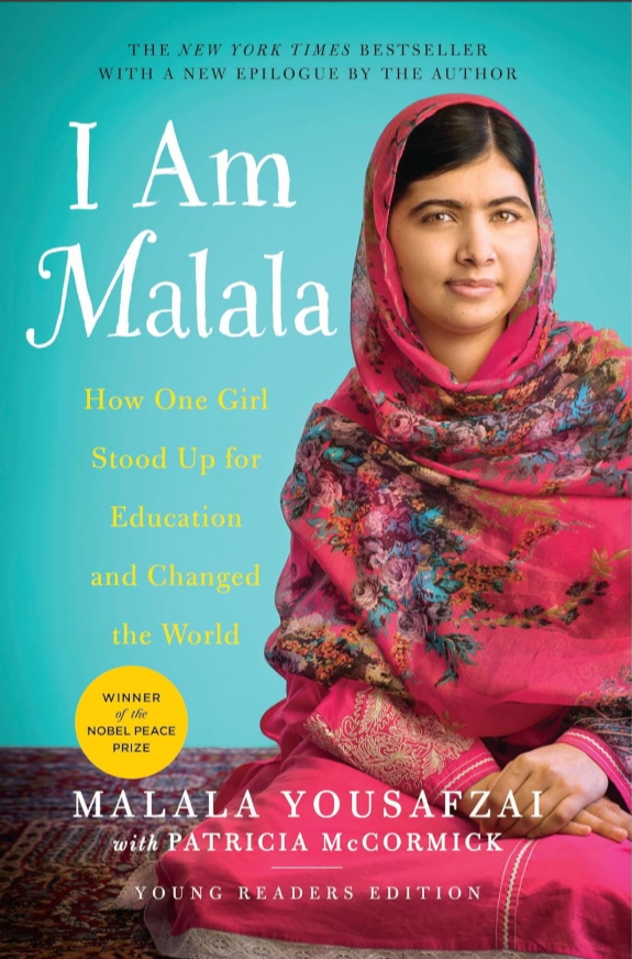 Book cover of 'I Am Malala' showing Malala Yousafzai wearing a pink and floral scarf, seated against a blue background.