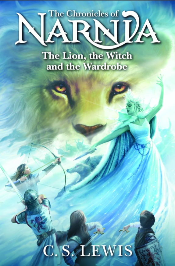 Book cover for "The Chronicles of Narnia: The Lion, the Witch, and the Wardrobe" by C.S. Lewis. Features a large lion's face in the background, a white witch in a blue dress casting a spell, and four children dressed as medieval warriors preparing to fight.