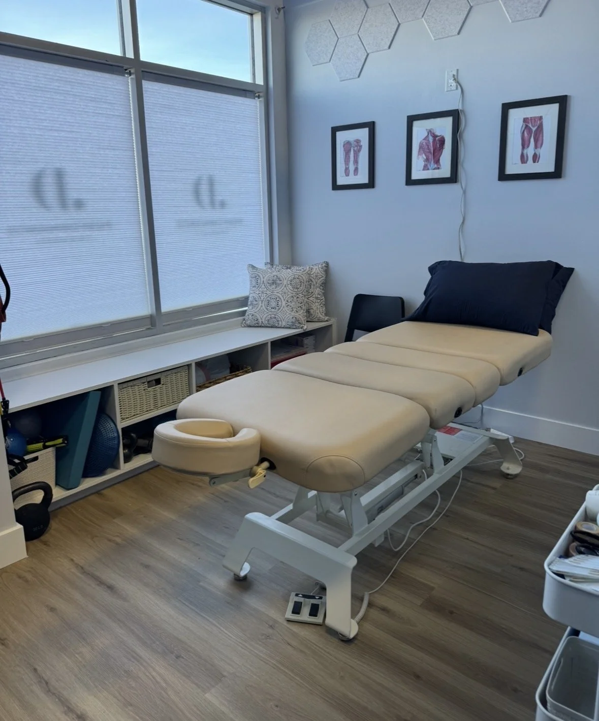 A therapy or examination room with a cream-colored massage or treatment table, a black pillow, and a foot pedal. The room has large windows with frosted glass, framed anatomical posters on the wall, a small cushion on a windowsill, and exercise equipment in shelves underneath.