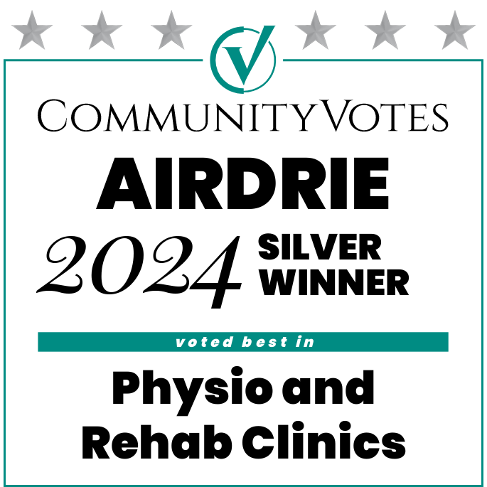 A community votes achievement badge for Airdrie, 2024, awarded a silver winner in Physio and Rehab Clinics, with a check mark inside a circle at top.