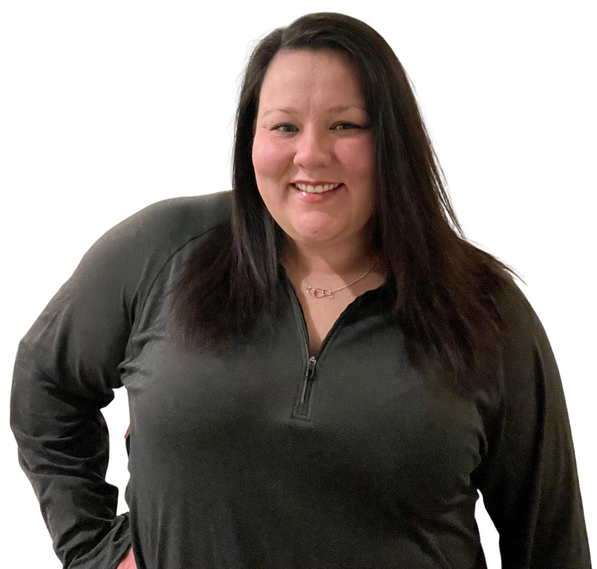 A woman with shoulder-length dark hair smiling, wearing a black zip-up jacket and a delicate necklace, against a plain background.