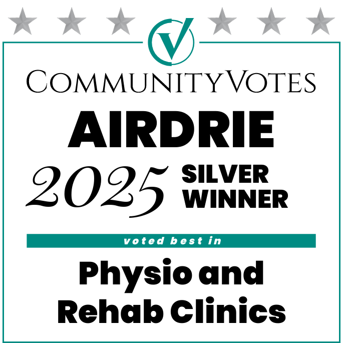 Award certificate for Community Votes Airdrie 2025 Silver Winner in Physiotherapy and Rehab Clinics.