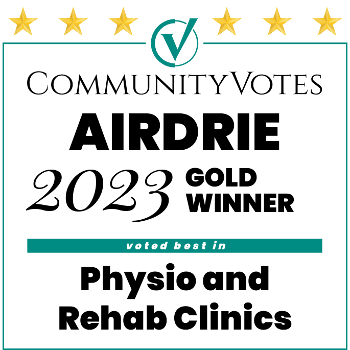 A congratulatory award sign for Airdrie, named '2023 Gold Winner' in community votes, for best Physio and Rehab Clinics.