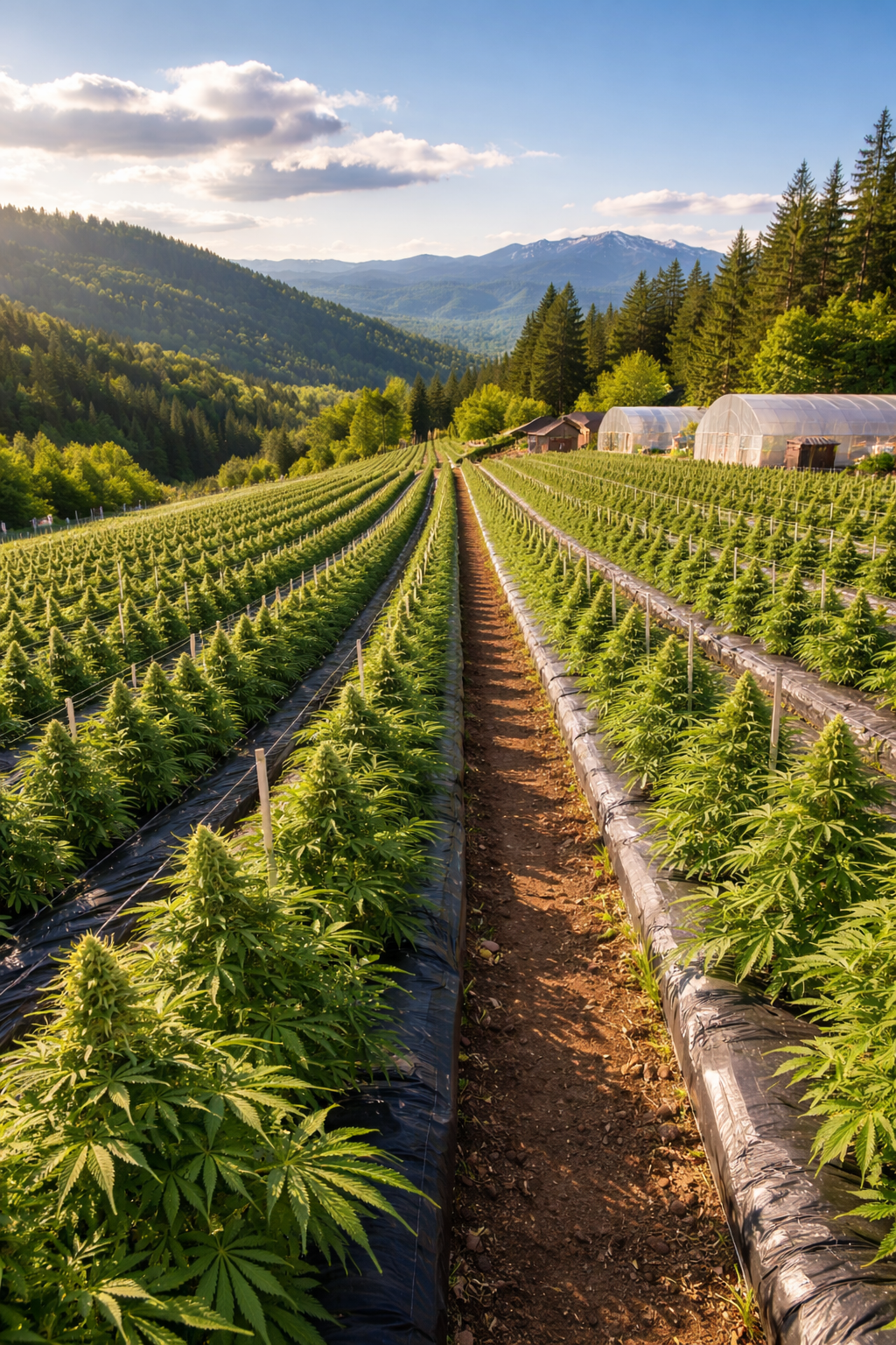 Rows of cannabis plants growing in an outdoor farm with mountains and green trees in the background.