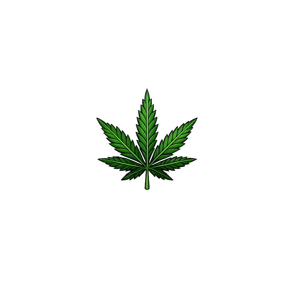 Digital illustration of a green cannabis leaf on a gray background with a subtle glow.