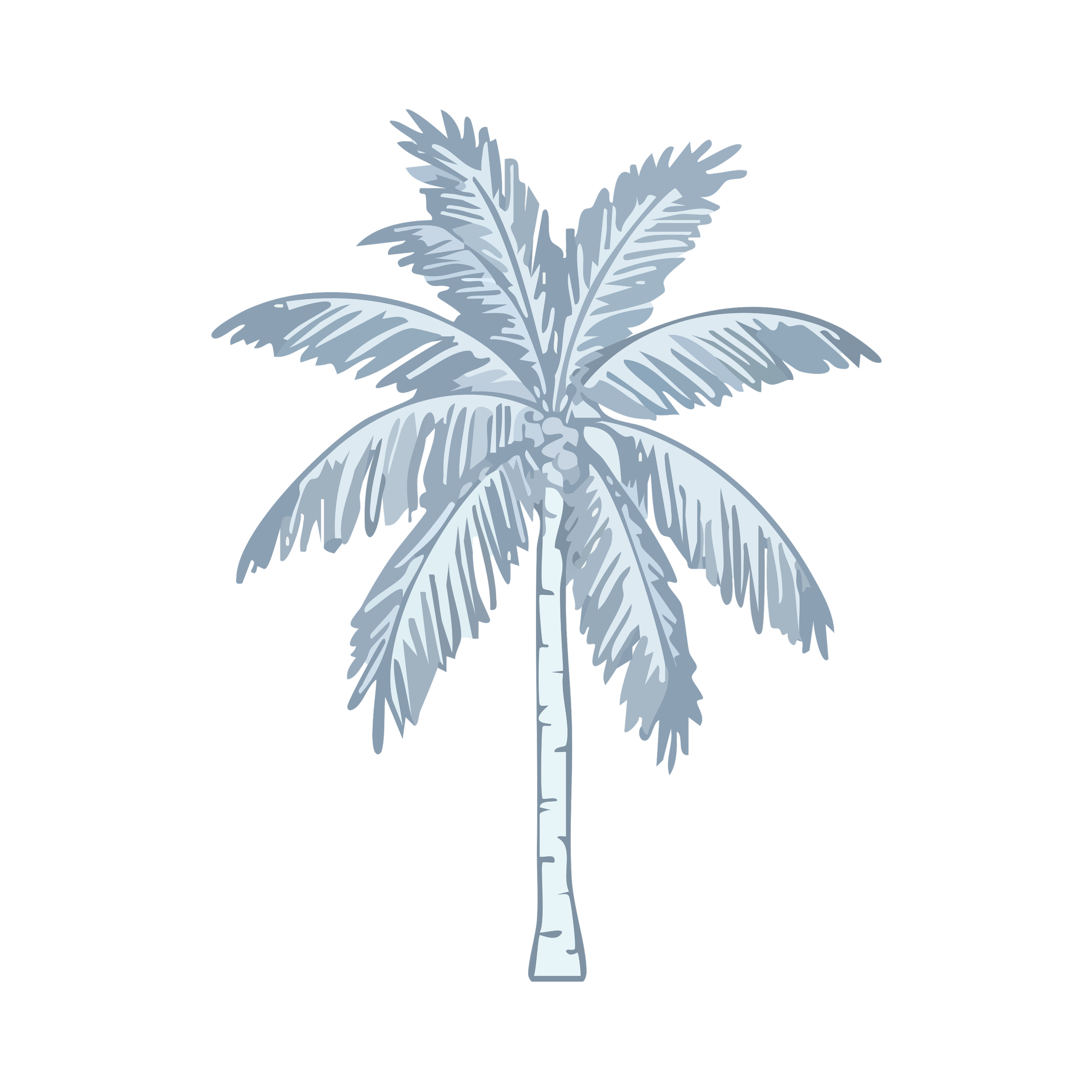 Illustration of a palm tree with silver and gray leaves against a black background.