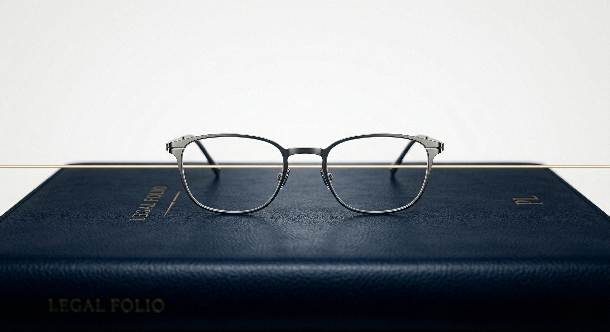 A pair of eyeglasses resting on a navy blue legal folio folder with yellow text, against a plain white background.