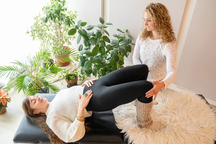 A woman receiving a physical therapy treatment from a therapist on a treatment table near a window with plants.