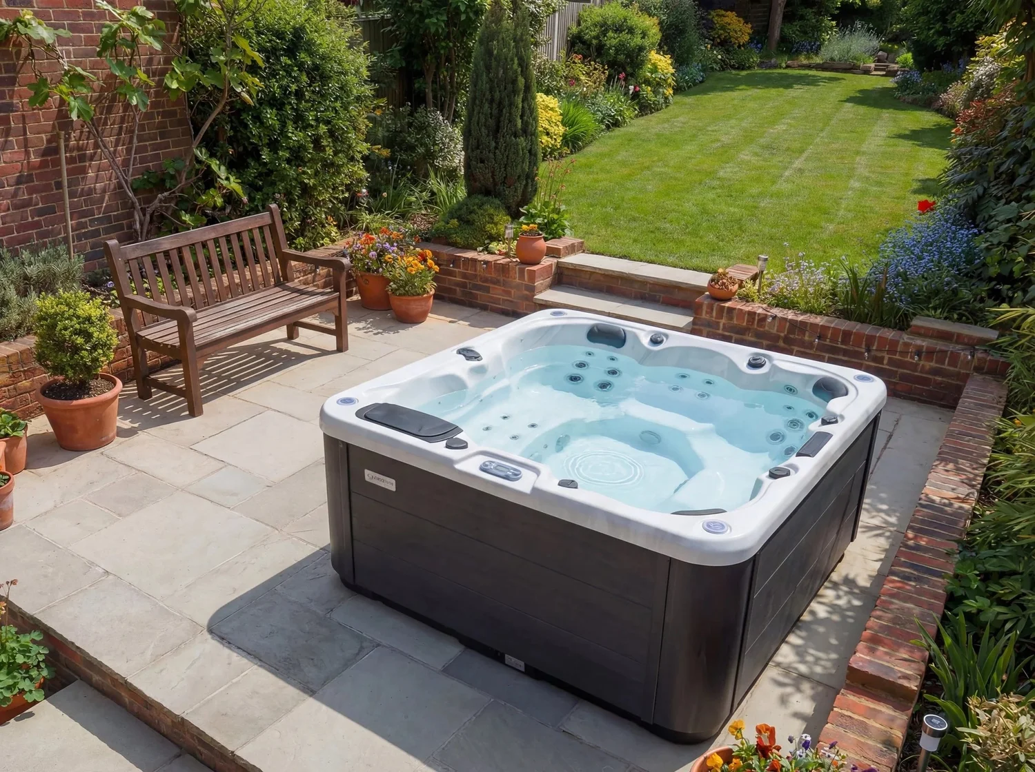 A Northern Leisure hot tub filled and running on a stone patio beside a garden