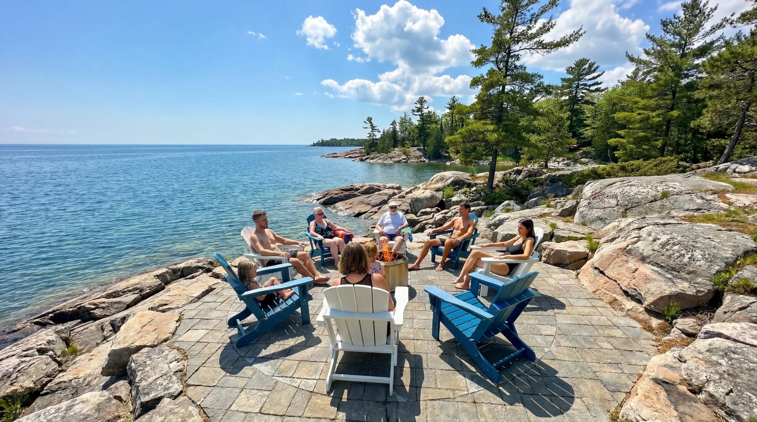A group seated in Muskoka chairs around a fire pit on a rocky shoreline