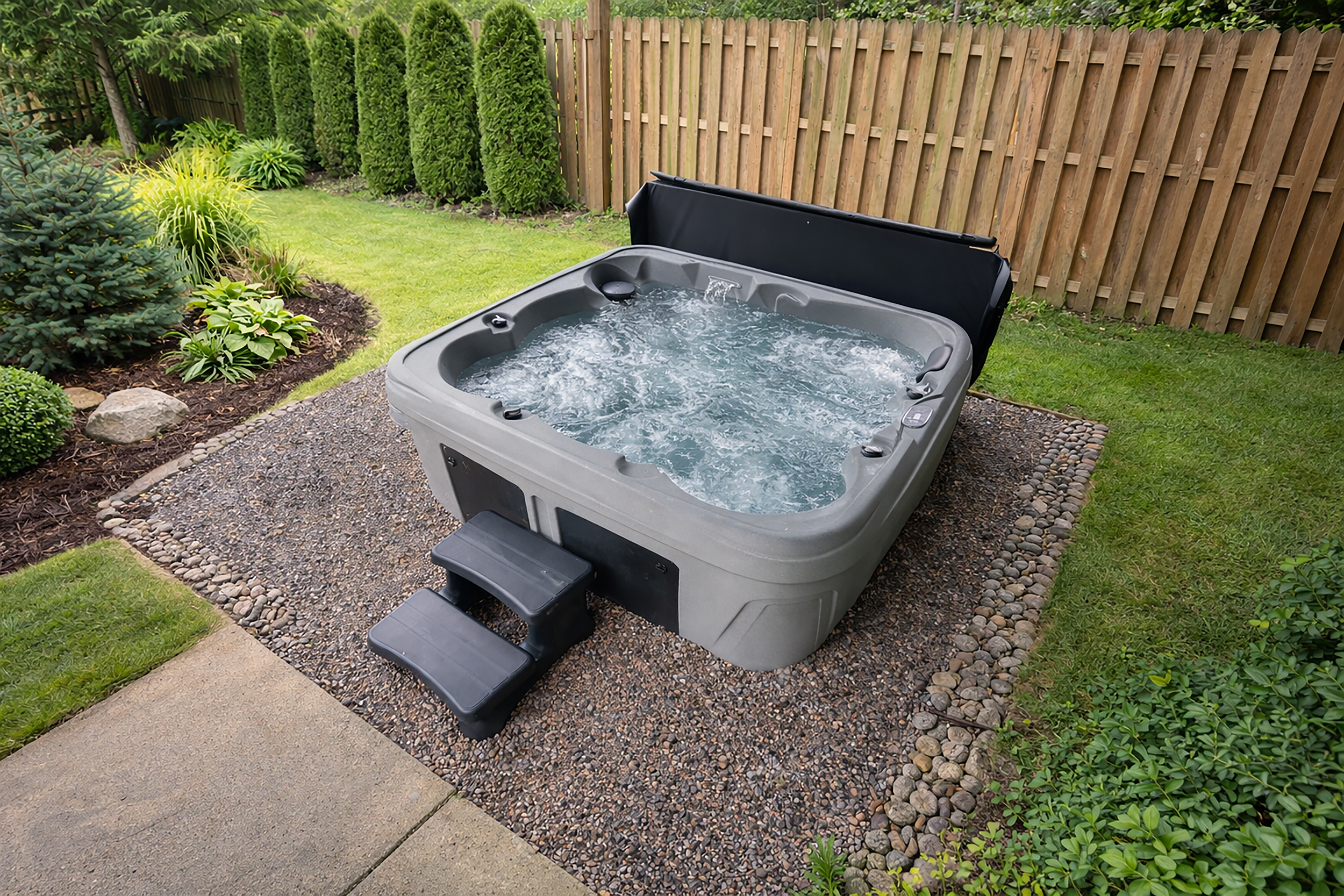 A hot tub delivered, set in place and running on a gravel pad beside a cedar fence