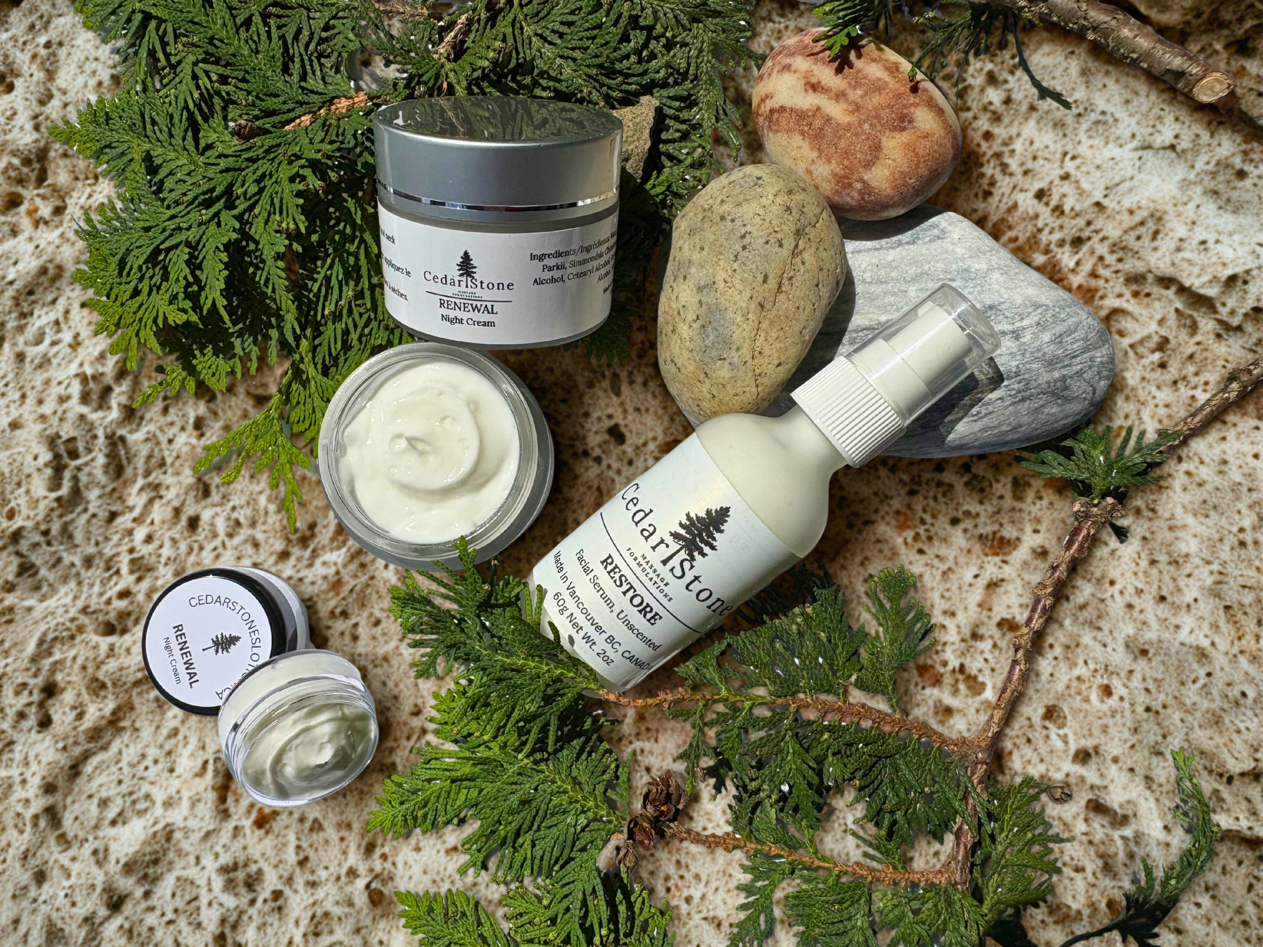 Various skincare products, including a night cream, facial serum, and cream jar, placed on a sandy surface with rocks and green foliage.