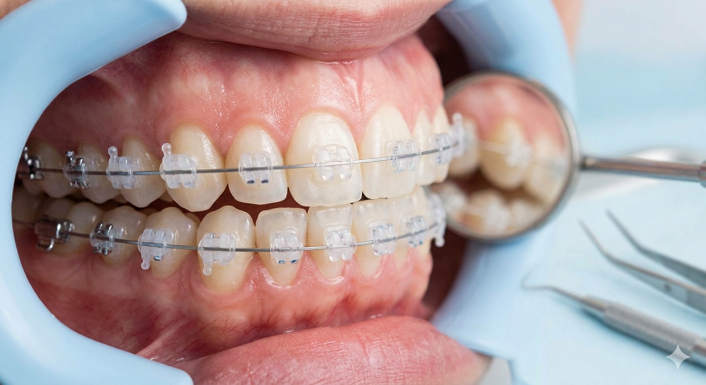 Paciente con brackets en los dientes, examinando con un espejo dental, en un entorno clínico.