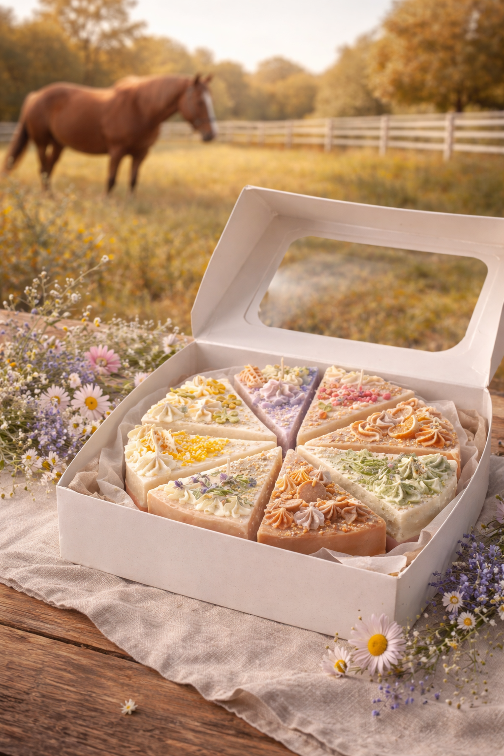 Box of decorated cakes with floral decorations, outdoors with a horse and autumn trees in the background.