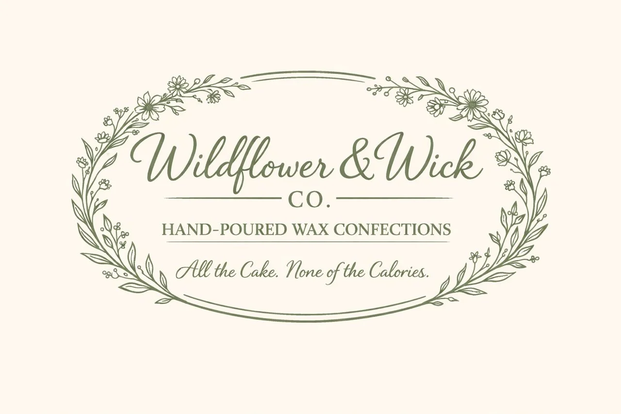 Brand logo for Wildflower & Wick Co. featuring floral border, with text "Hand-Poured Wax Confections" and "All the Cake. None of the Calories."