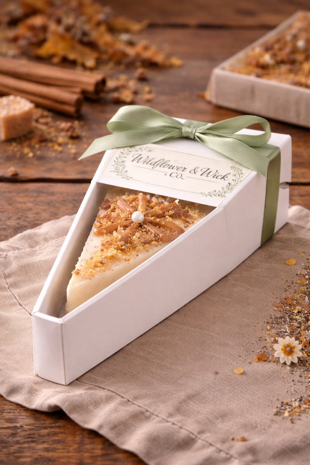 A slice of caramel and white chocolate cheesecake in a white box with a green ribbon, labeled 'Wildflower & Wick Co.' on a wooden table with scattered sprinkles and a small flower.