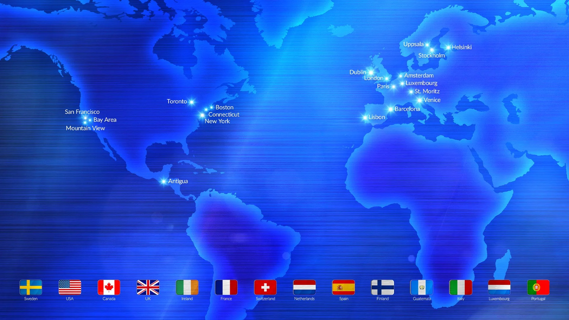 World map with highlighted cities in North America and Europe, including San Francisco, Bay Area, Mountain View, Antigua, Toronto, Boston, Connecticut, New York, Dublin, London, Paris, Lisbon, Barcelona, Valencia, St. Moritz, Venice, Stockholm, Helsinki, Uppsala. European cities are connected by bus flags of Sweden, USA, Canada, UK, Ireland, France, Switzerland, Netherlands, Spain, Finland, Guatemala, Italy, Luxembourg, Portugal at the bottom.