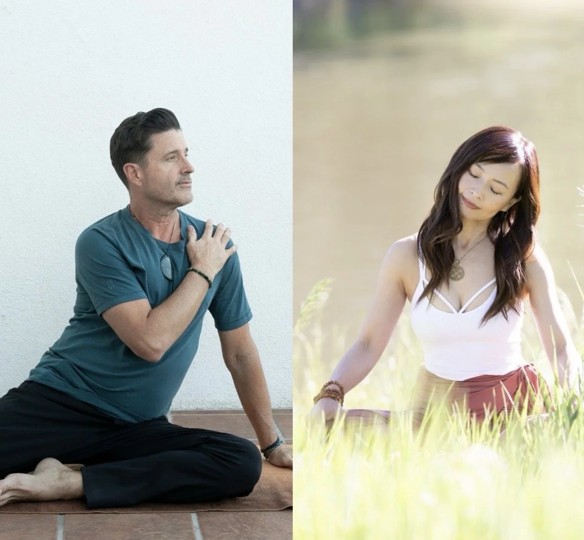 A man practicing yoga indoors on a mat on the left, and a woman outdoors in a field of grass on the right.