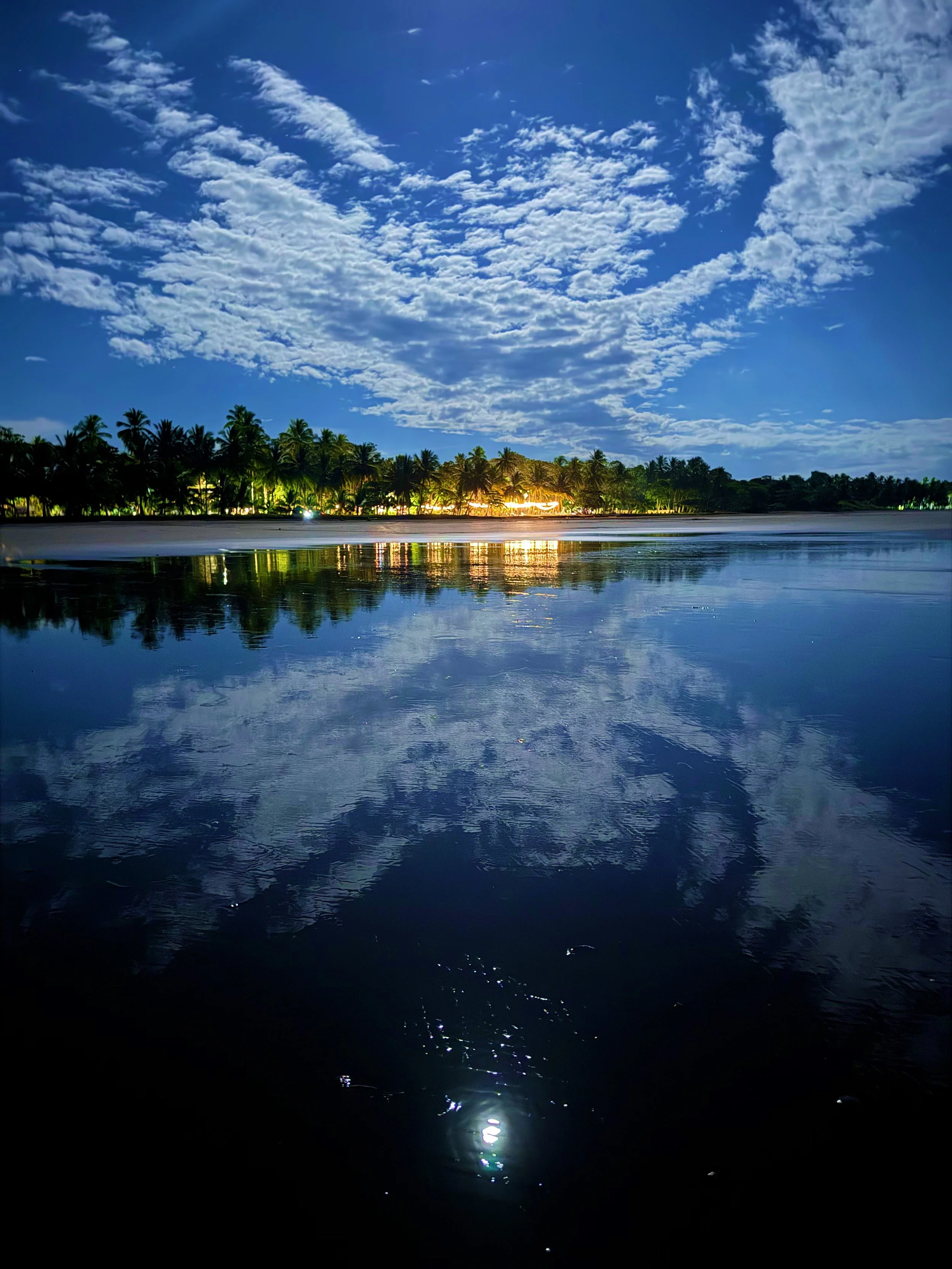 Nighttime view of a calm body of water reflecting a row of palm trees and a brightly lit area on the shore, with a partly cloudy sky illuminated by the moon or sun.