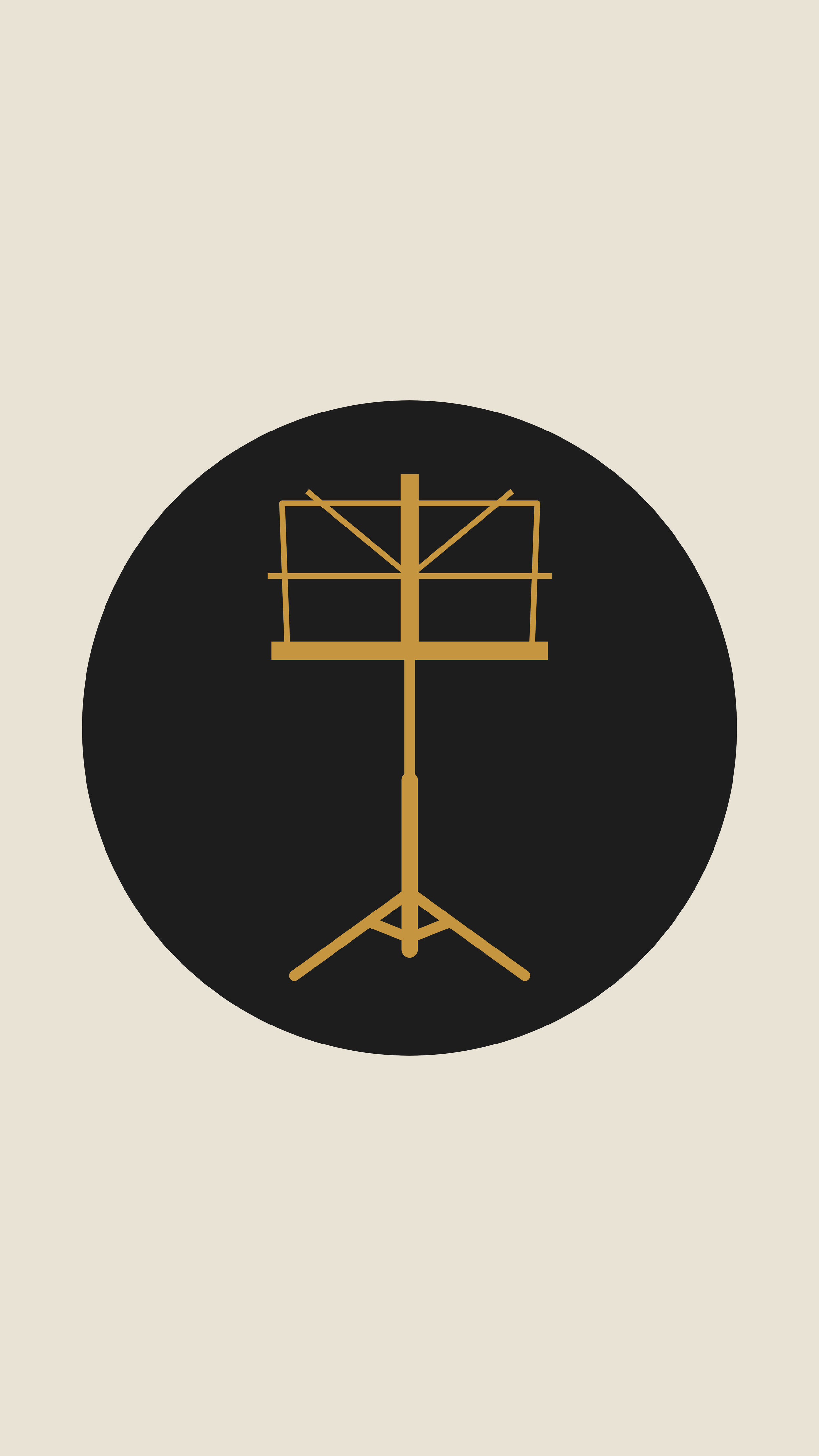 Minimalist illustration of a music stand with a sheet music holder in gold color, set against a black circular background on a beige backdrop.
