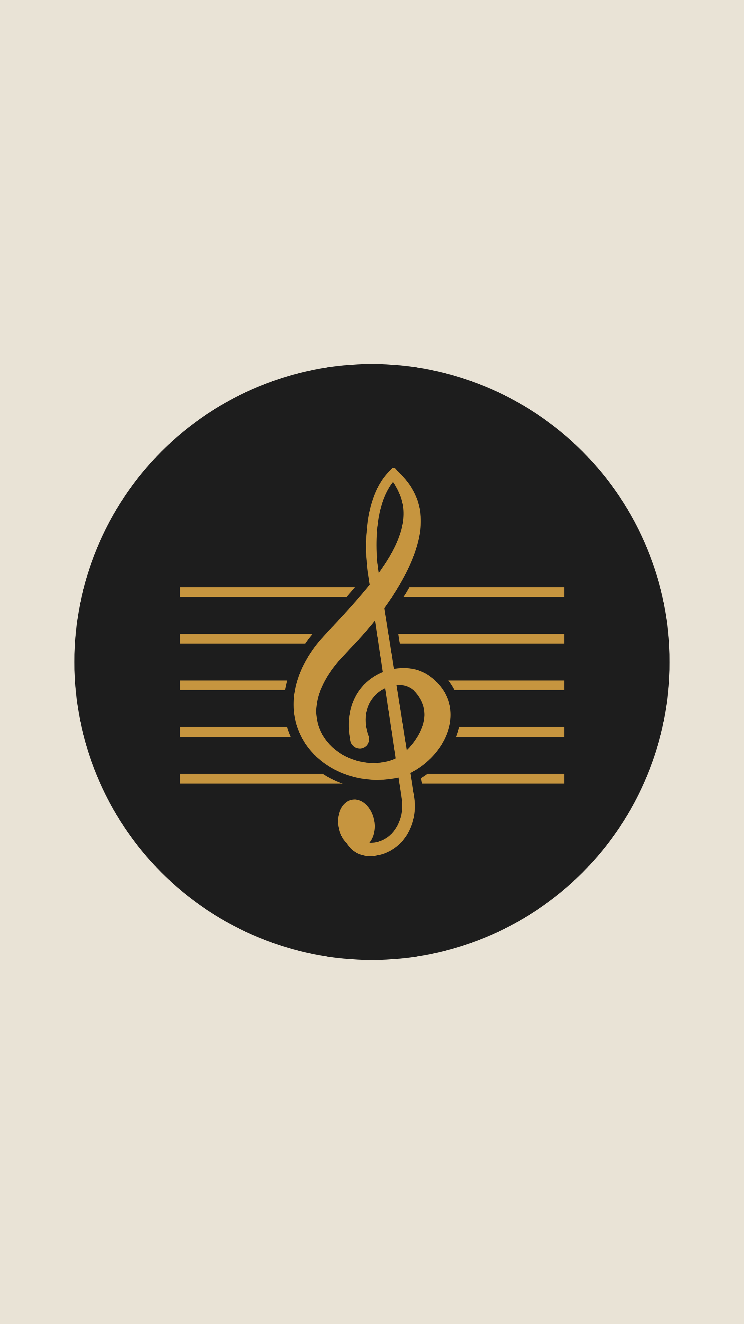 A black circle with a gold musical staff and a gold treble clef symbol in the center.