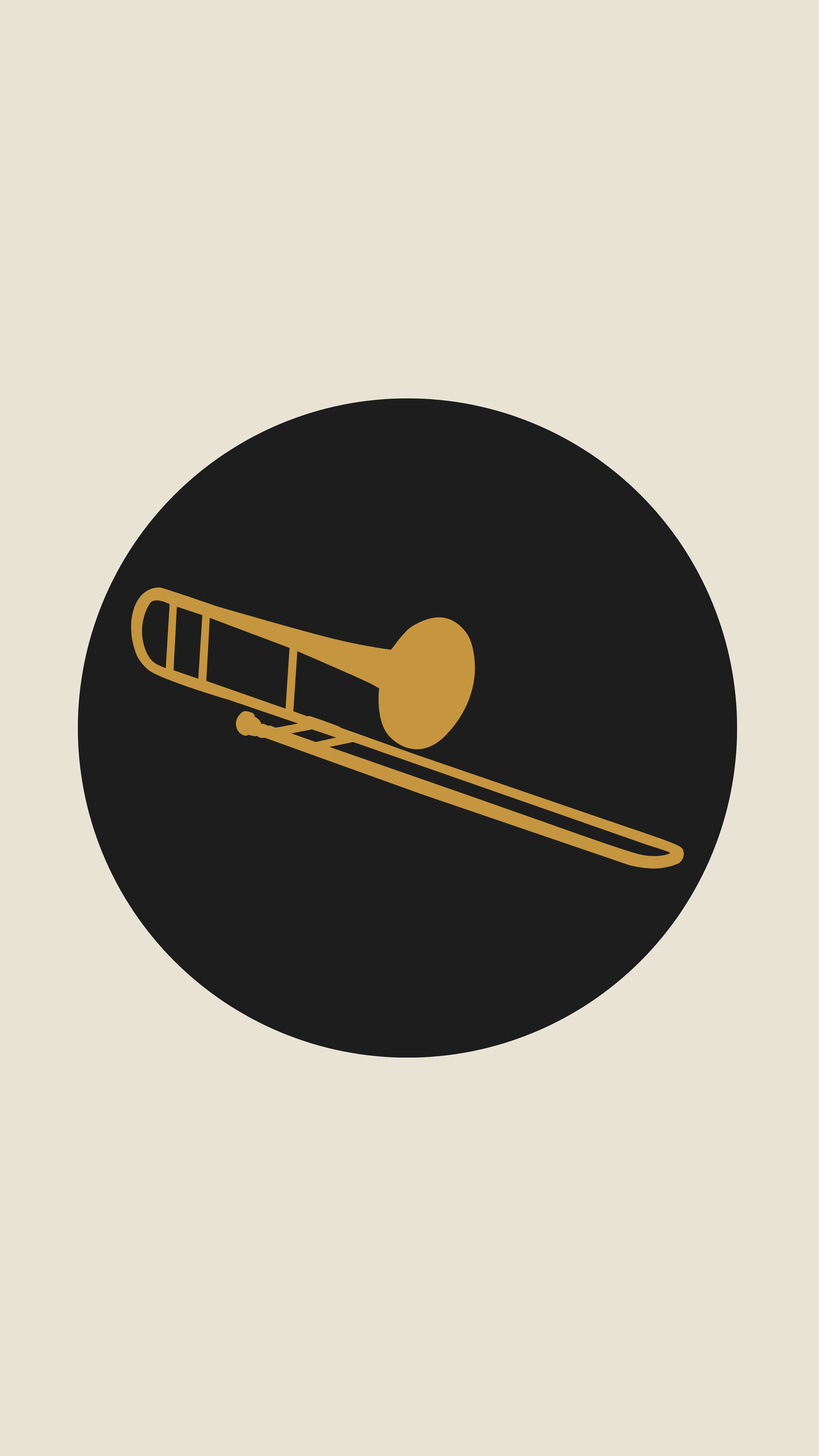 Illustration of a trombone in gold color within a black circle on a light beige background.