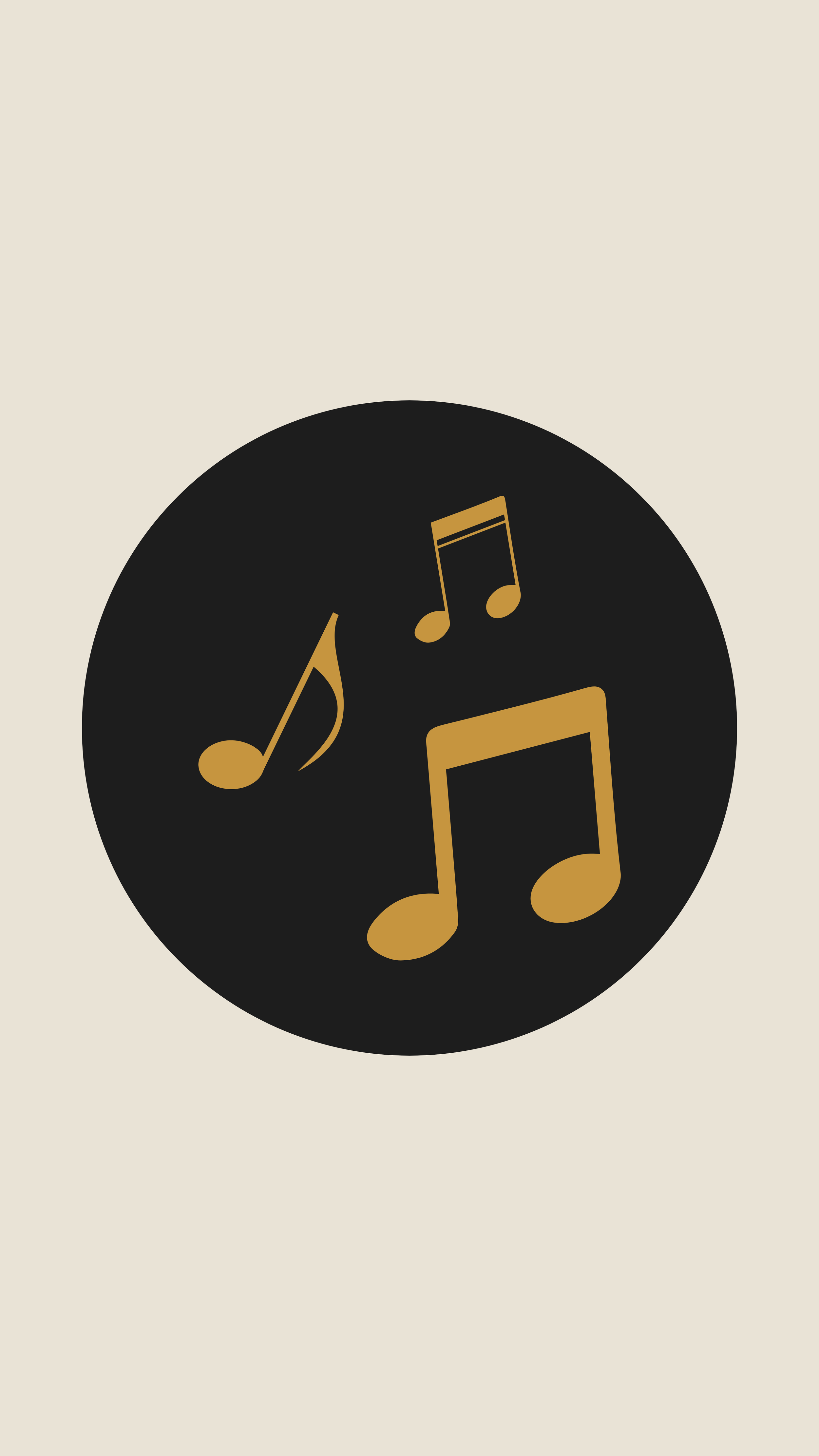 Graphic of musical notes in gold on a black circular background, representing music or audio.