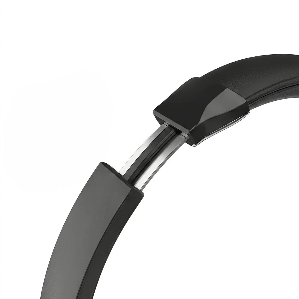 Adjustable padded headband on the dual-ear wireless Bluetooth headset.
