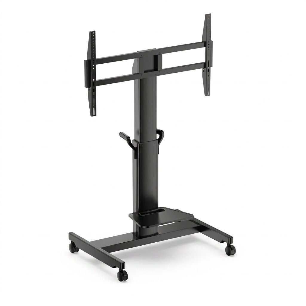 Angled view of the motorized mobile display stand showing its wide base, mounting bracket, and powered center column.