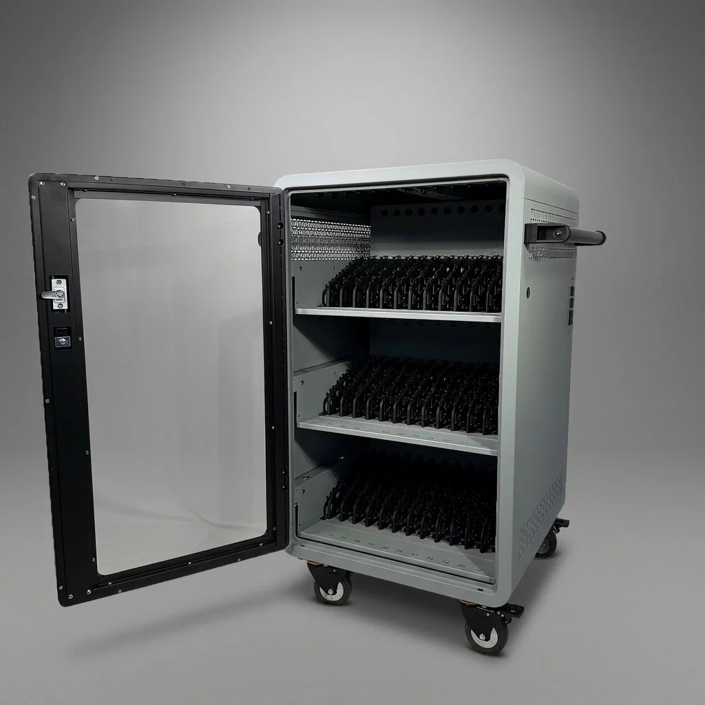 A metallic mobile storage cabinet with an open door, revealing multiple compartments filled with black laptop stands or holders.